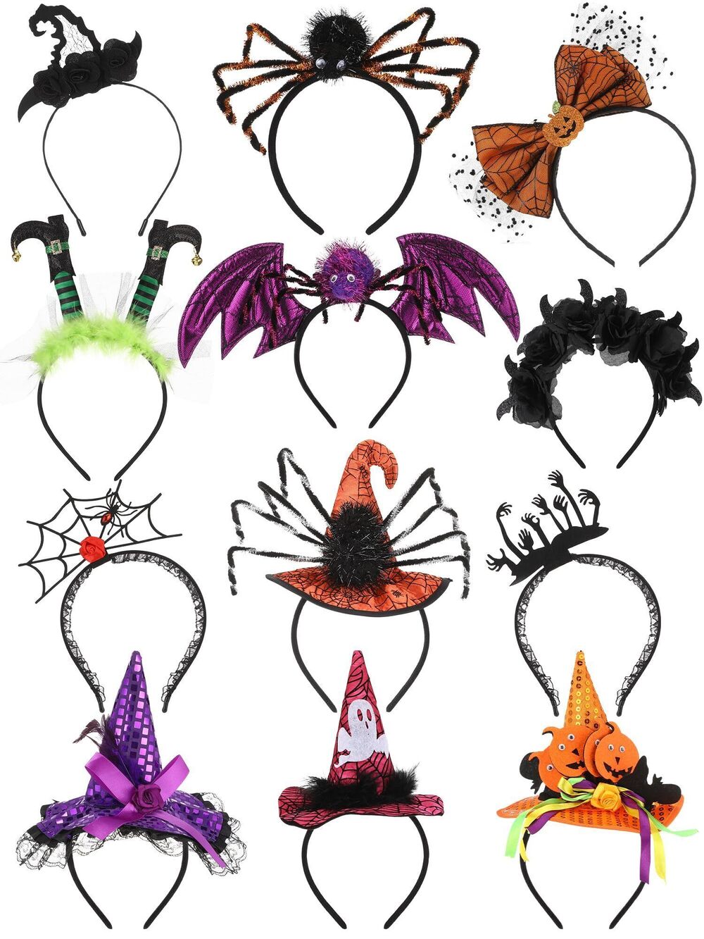 6595 12 Pack Halloween Headbands Witch Hat Spider Costume Headbands Skull